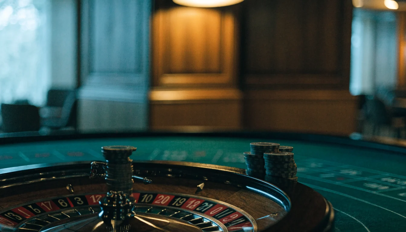 Roulettehjul og jetonger på et elegant casinobord