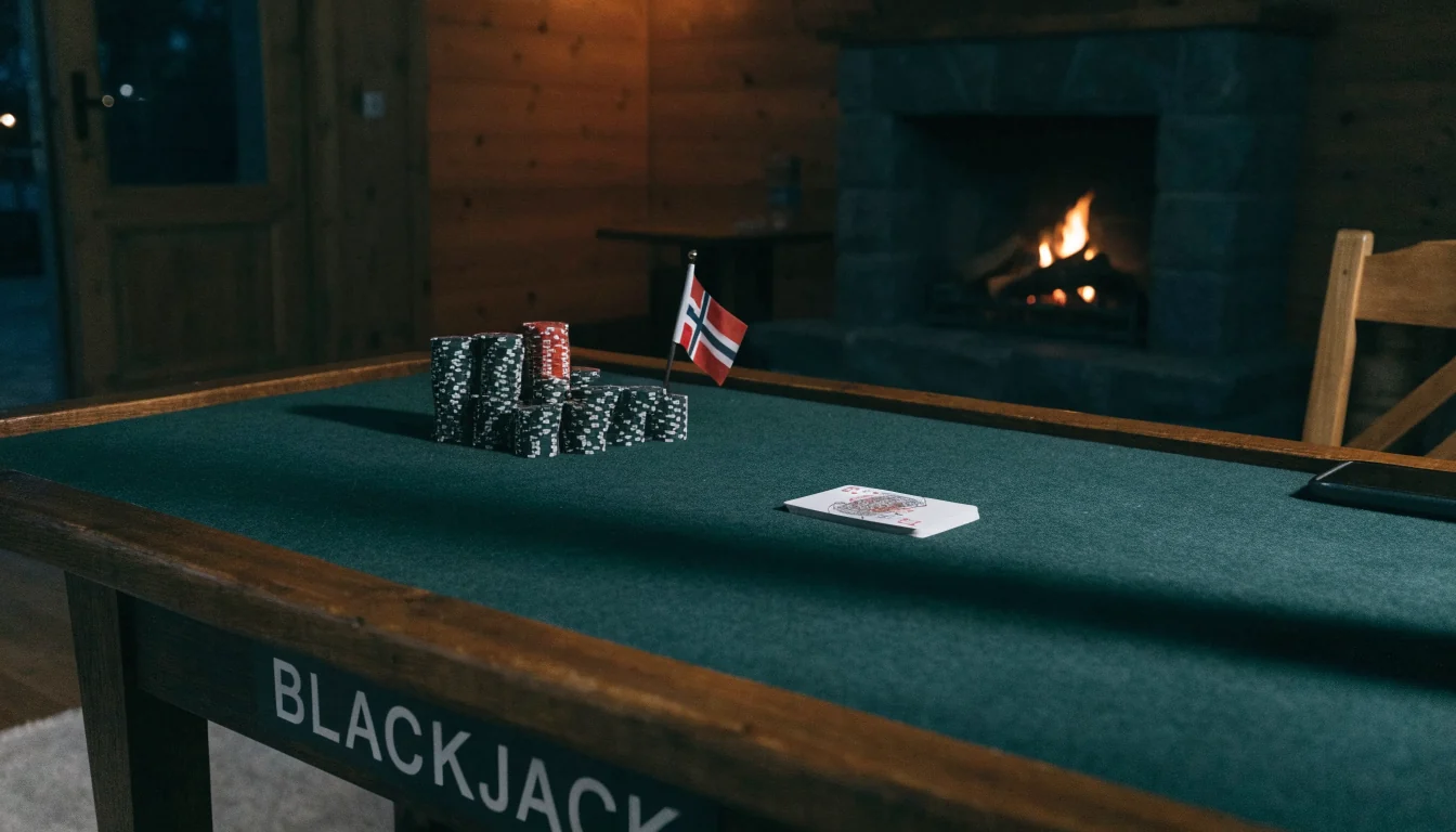 Blackjack-bord med jetonger og kort i en norsk hytte