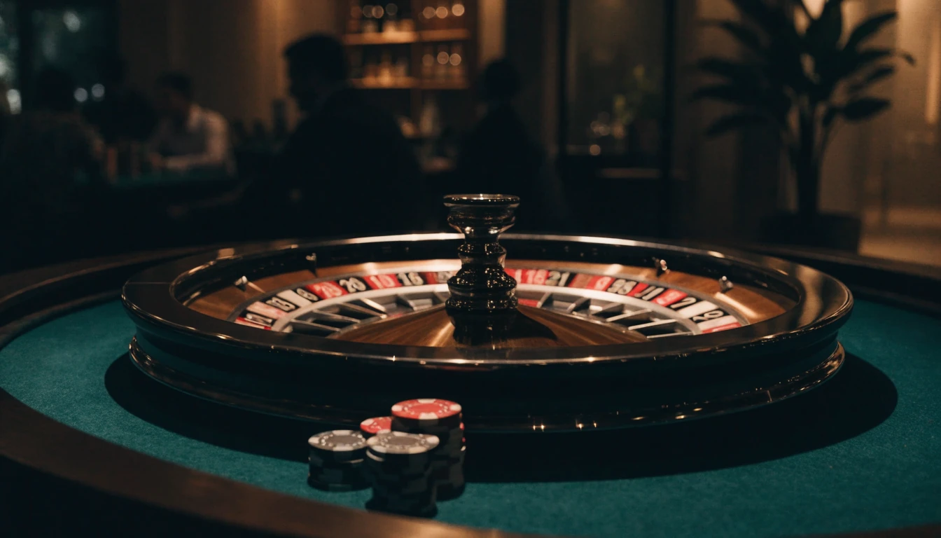Elegant roulettehjul som spinner på et casinobord i dempet belysning