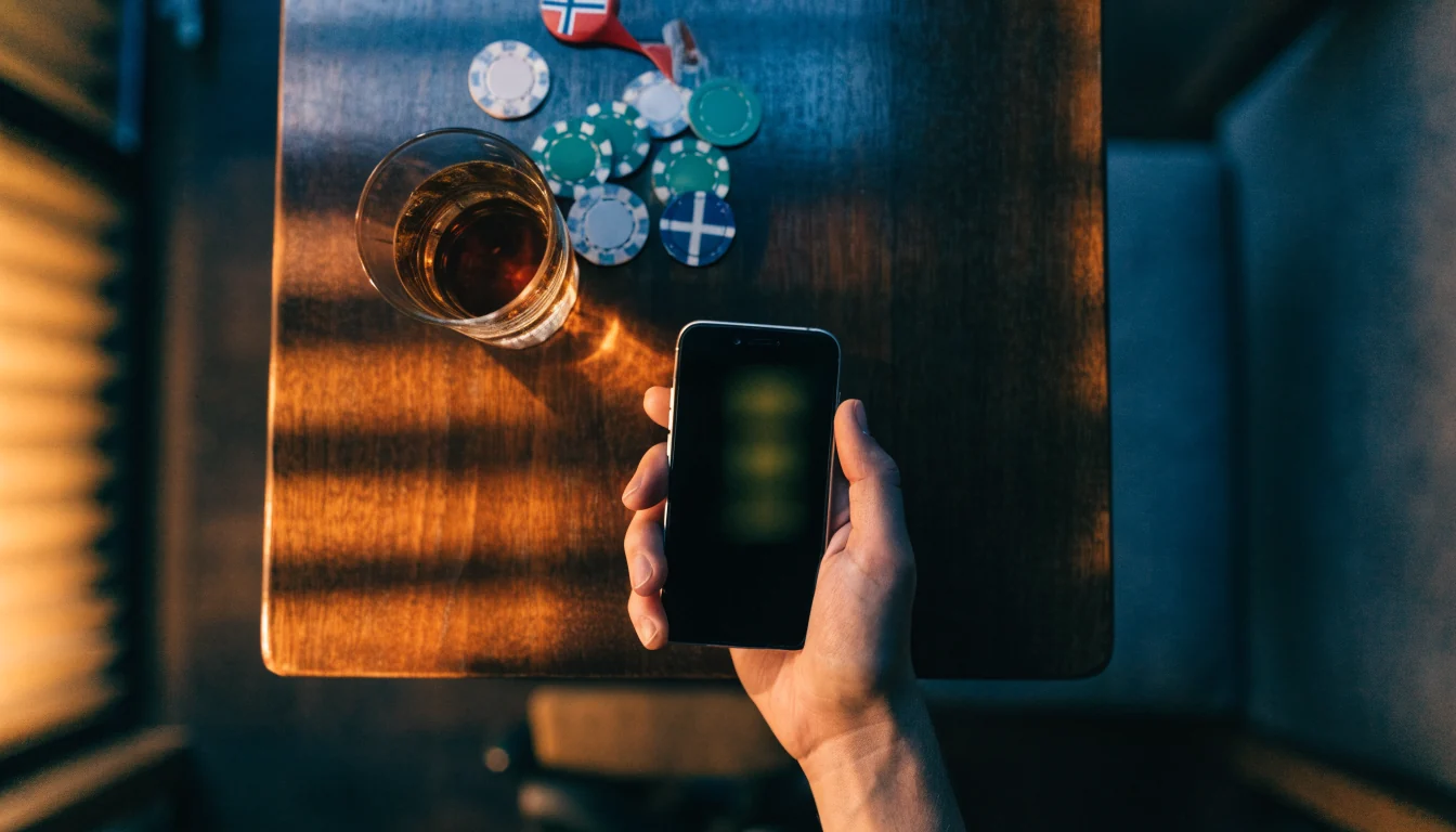 Hånd med telefon vendt ned ved siden av casinobrikker og norsk flagg