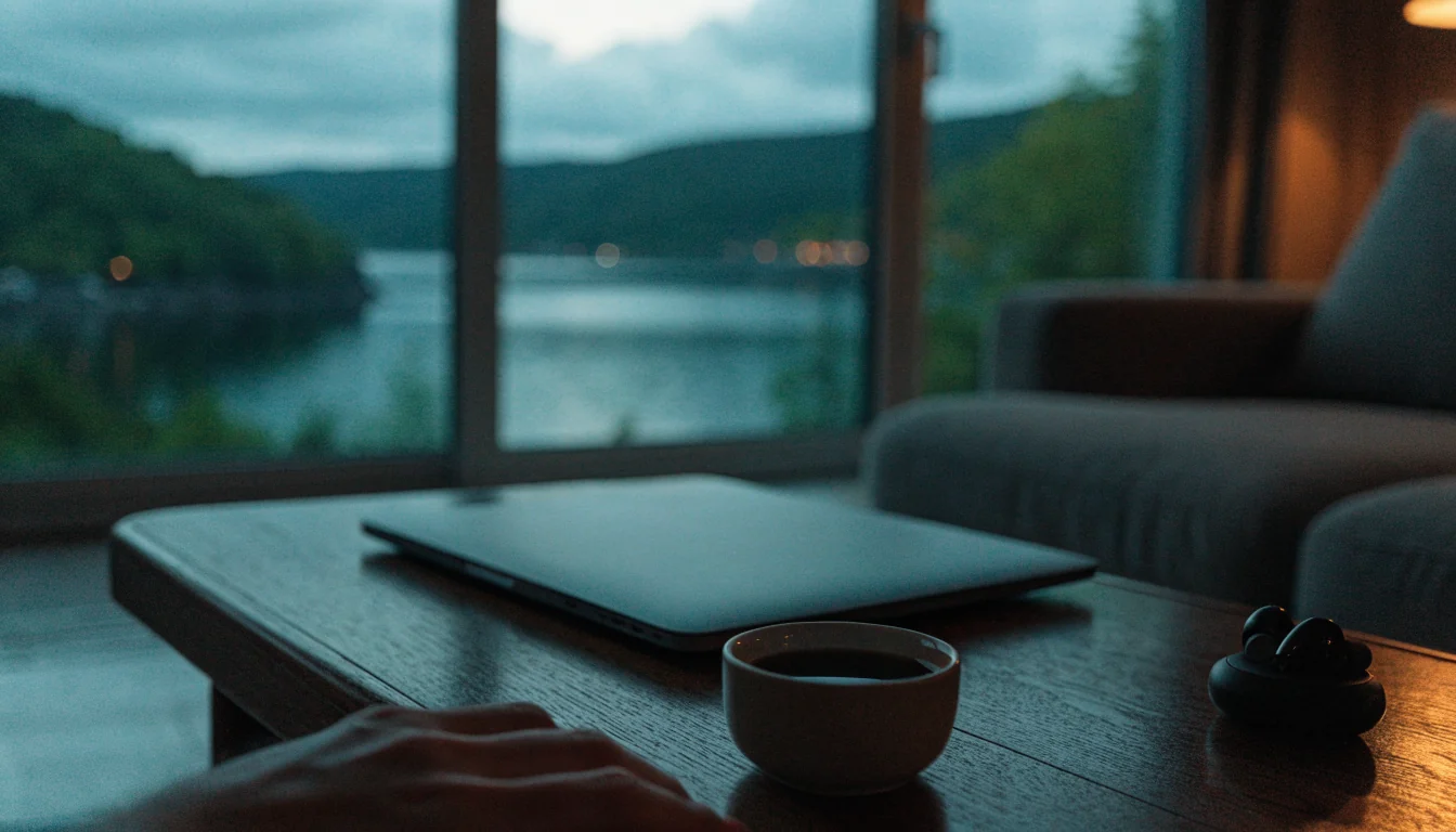 Kveldsstemning i stue med laptop og kaffekopp ved fjordutsikt