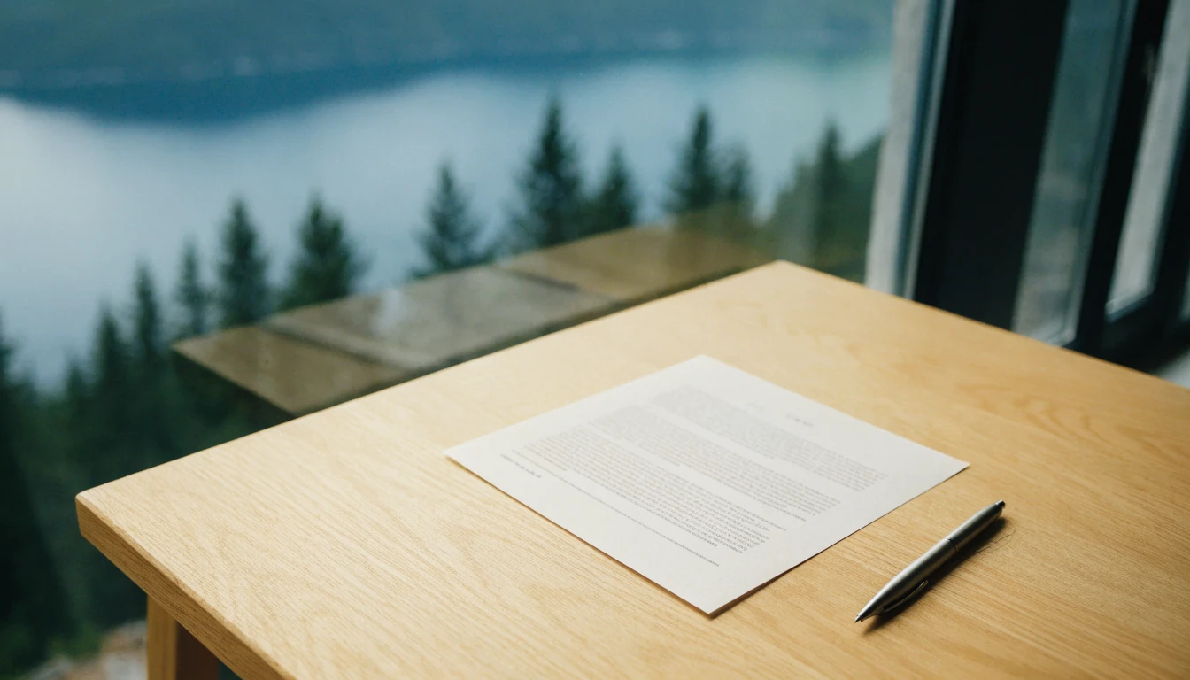 Vilkårsdokument med penn på skandinavisk skrivebord, fjord i bakgrunnen